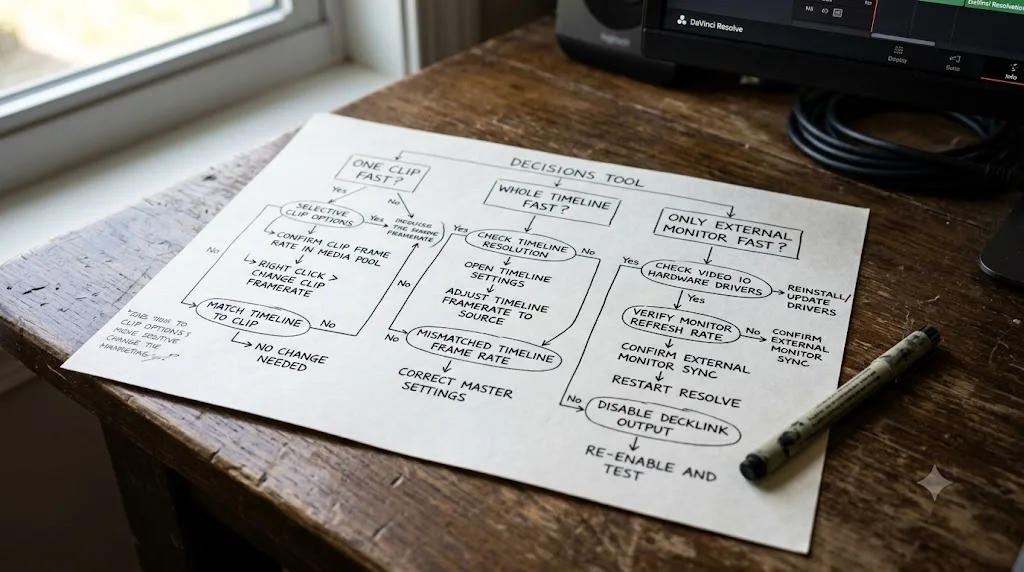 Illustration of a diagnosis flowchart for isolating a DaVinci Resolve frame rate playback speed problem