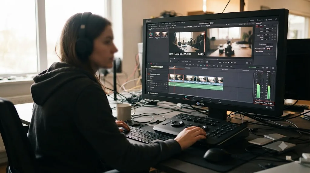 Illustration of a DaVinci Resolve project's frame rate being determined by the first imported clip