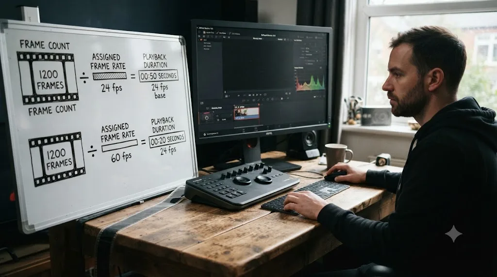 Illustration of DaVinci Resolve dividing a clip's frame count by its assigned frame rate to determine playback speed