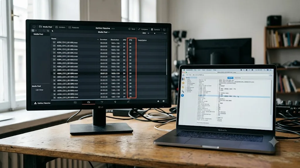 Illustration comparing DaVinci Resolve's Media Pool frame rate reading against an external MediaInfo frame rate check