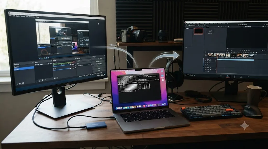 Illustration of an OBS screen recording being re-wrapped from MKV to MOV before importing into DaVinci Resolve