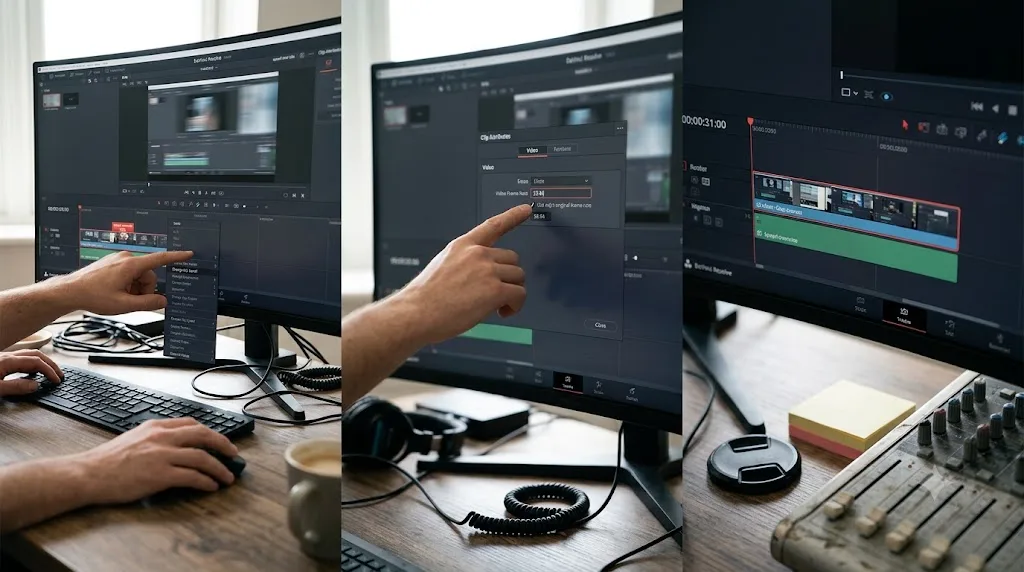 Illustration of a worked example fixing a fast-playing OBS screen recording clip in DaVinci Resolve