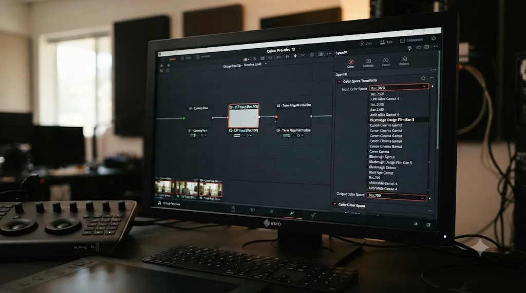 Illustration of a Color Space Transform node configured at the group pre-clip level in a DaVinci Resolve node graph