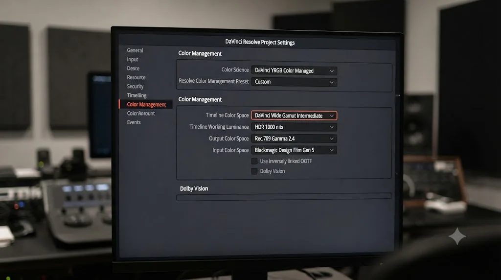 Illustration of the DaVinci Resolve Color Management project settings configured with DaVinci Wide Gamut Intermediate as the timeline color space