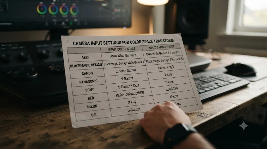 Illustration of a settings reference chart for Color Space Transform input color space and gamma by camera brand