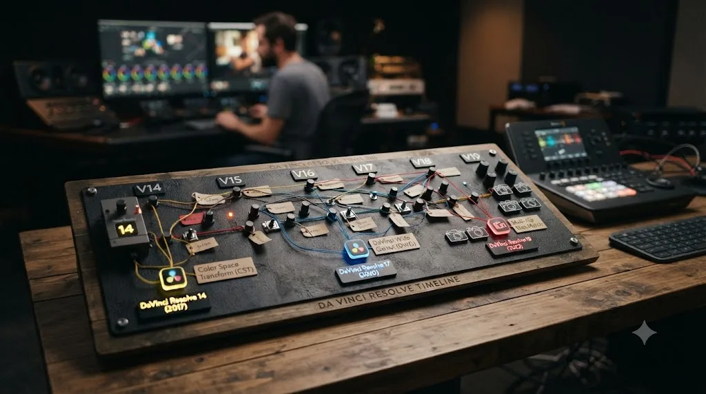 Illustration of a DaVinci Resolve version timeline showing when key camera color matching tools were introduced