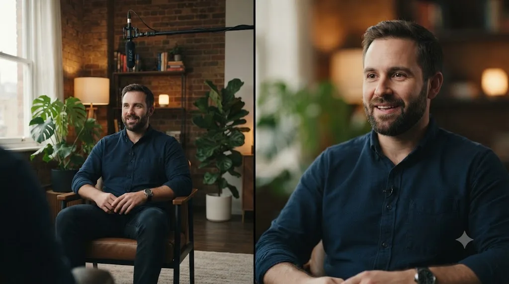 Illustration of a two-camera interview setup with Sony and Canon footage normalized through Color Space Transform into a matched grade