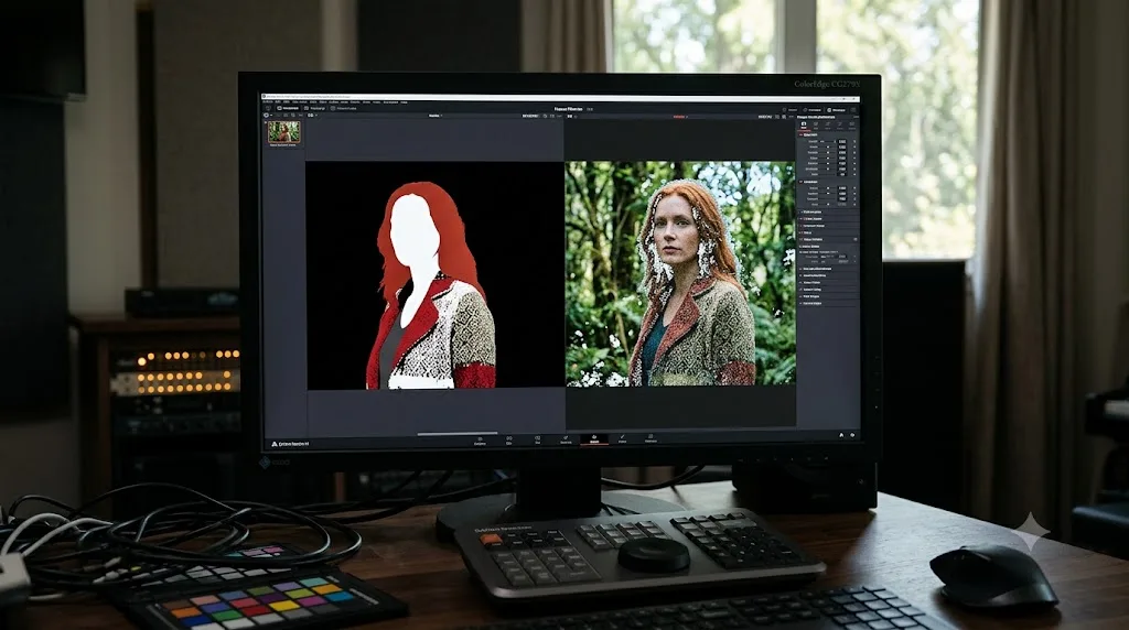 Illustration comparing a clean color qualifier matte against a ragged noisy one from the same frame