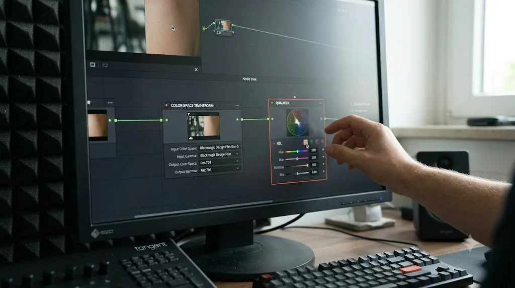 Illustration of a Color Space Transform node placed before a qualifier node in DaVinci Resolve