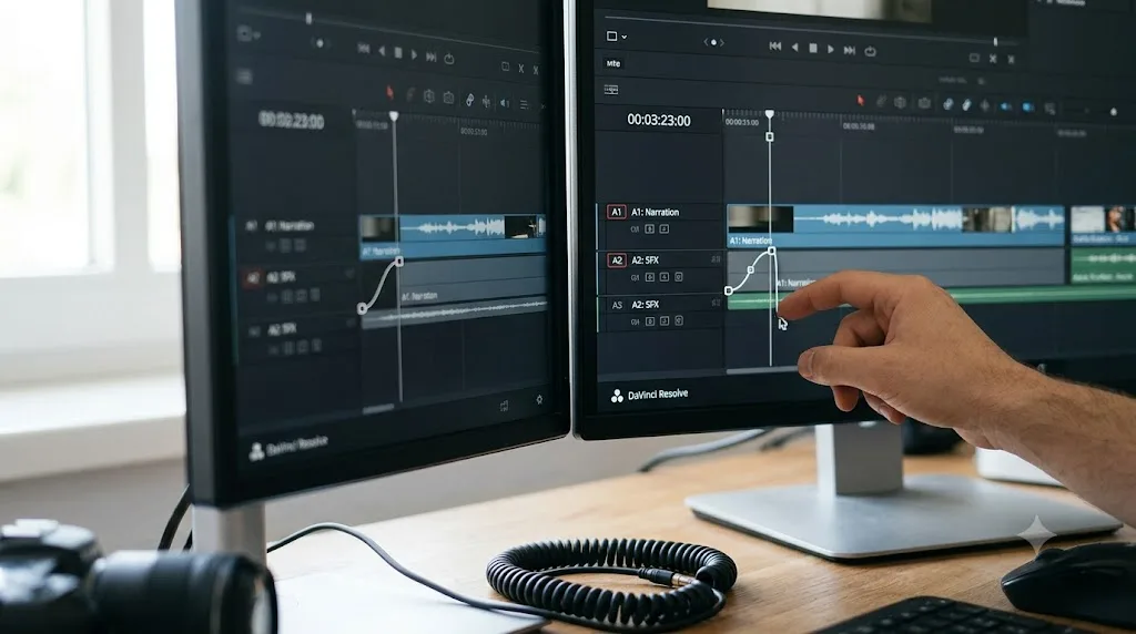 Illustration of adjusting a clip's volume line and fade handles on a DaVinci Resolve timeline
