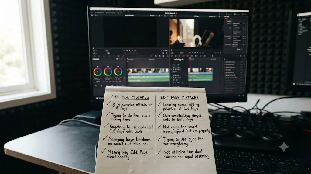 Illustration of a checklist of common mistakes when choosing between the DaVinci Resolve Cut and Edit pages
