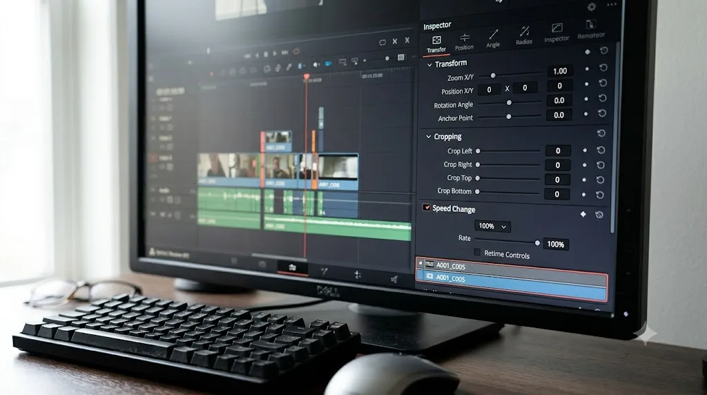 Illustration of the Inspector panel on the DaVinci Resolve Edit page showing clip adjustment controls