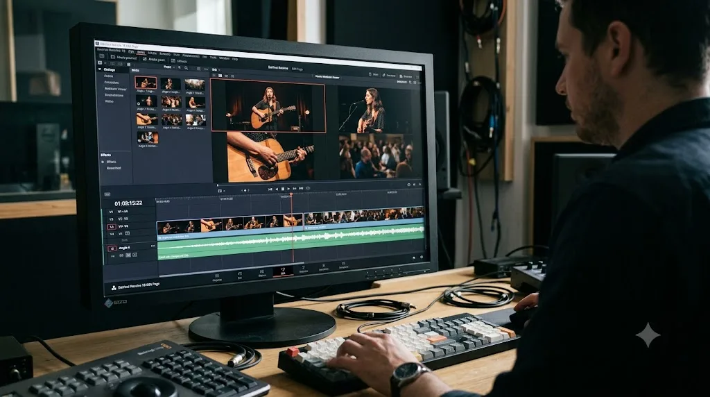 Illustration of a multicam viewer grid with four synced camera angles on the DaVinci Resolve Edit page