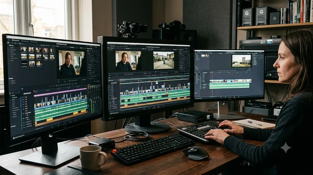 Illustration of a long-form documentary project open on the DaVinci Resolve Edit page with multiple tracks