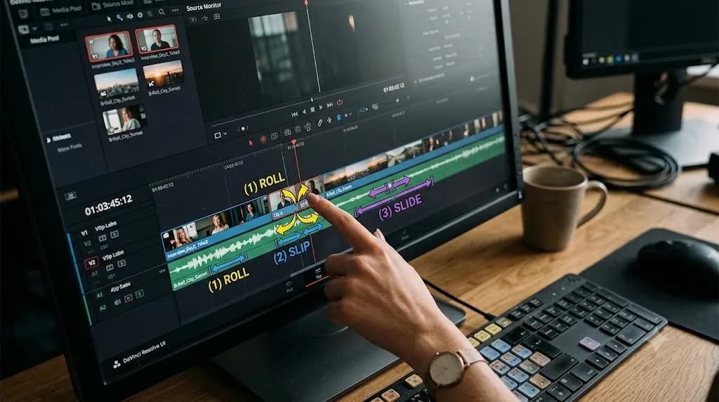 Illustration of roll, slip, and slide trim gestures on a DaVinci Resolve timeline