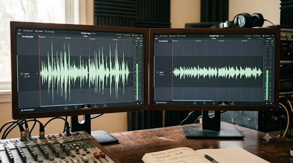 Illustration comparing a dialogue waveform with volume swings before and after DaVinci Resolve's Dialogue Leveler