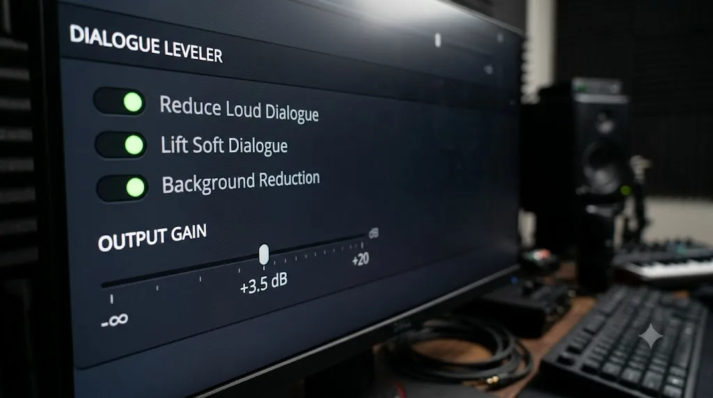Illustration of DaVinci Resolve's Dialogue Leveler controls: Reduce Loud Dialogue, Lift Soft Dialogue, Background Reduction, and Output Gain