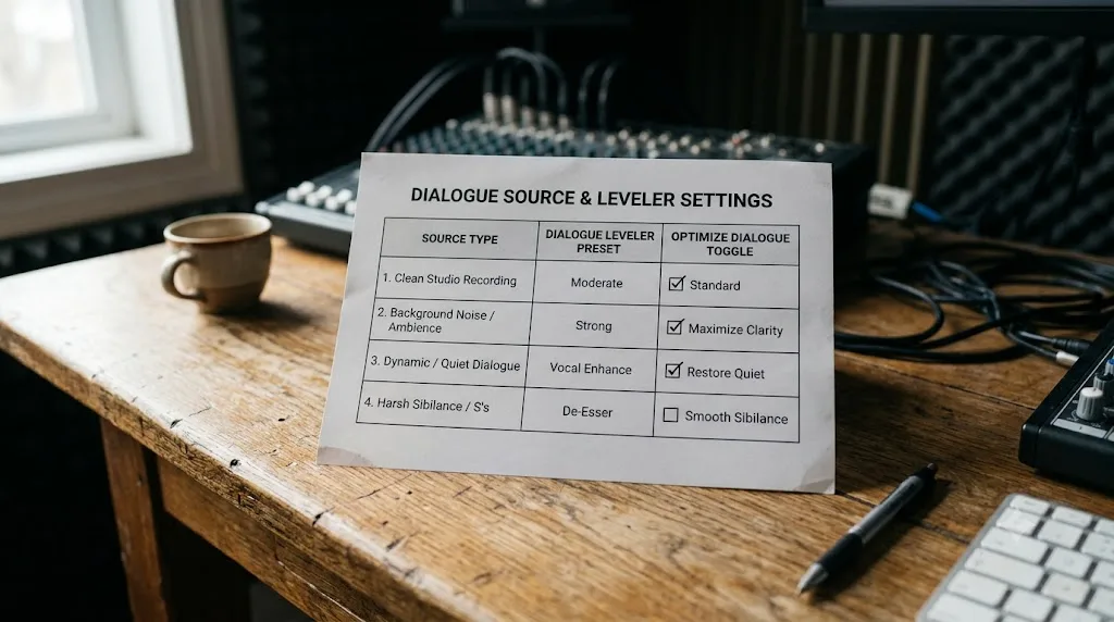 Illustration of a decision table matching dialogue source types to DaVinci Resolve Dialogue Leveler presets and settings