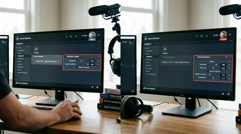 Illustration confirming DaVinci Resolve's Dialogue Leveler is free while Voice Isolation requires Studio