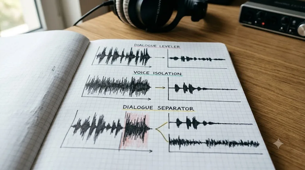 Illustration comparing DaVinci Resolve's Dialogue Leveler, Voice Isolation, and Dialogue Separator tools on the same audio waveform