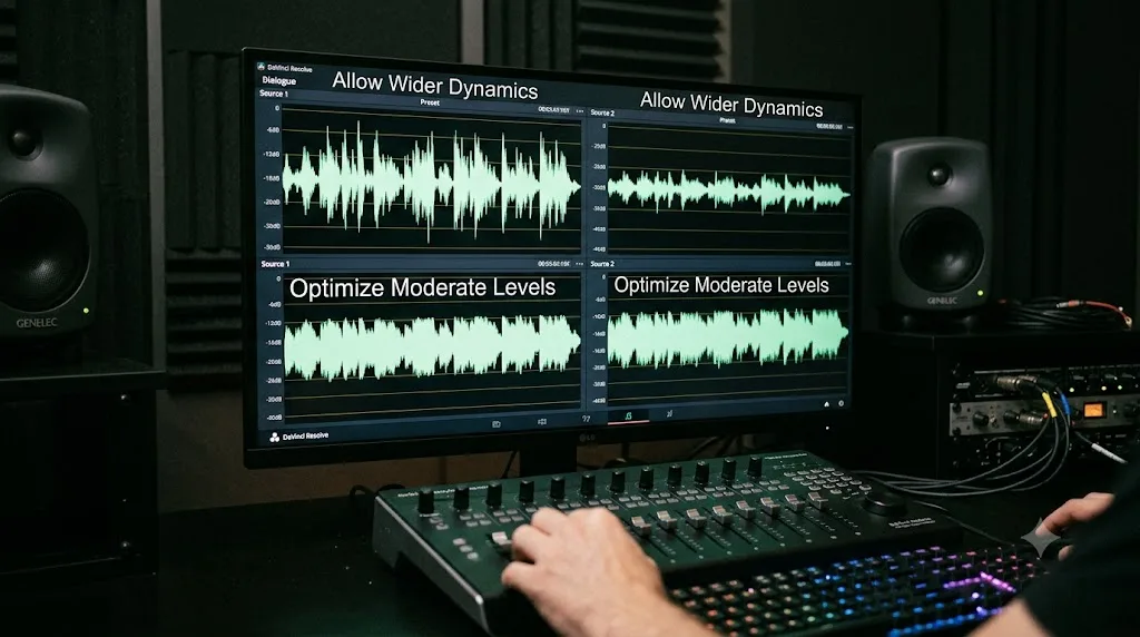 Illustration comparing DaVinci Resolve's Allow Wider Dynamics preset against Optimize Moderate Levels on different dialogue sources