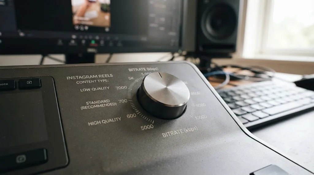 Illustration of a bitrate range slider from 5,000 to 10,000 kbps labeled by content type for Instagram Reels