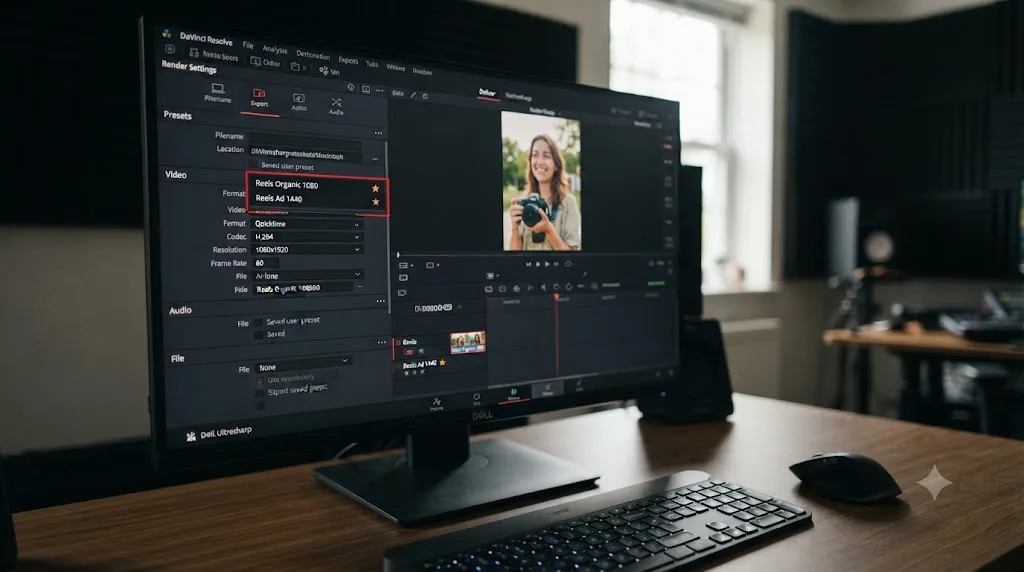 Illustration of two custom Instagram Reels export presets saved in the DaVinci Resolve Deliver page preset strip