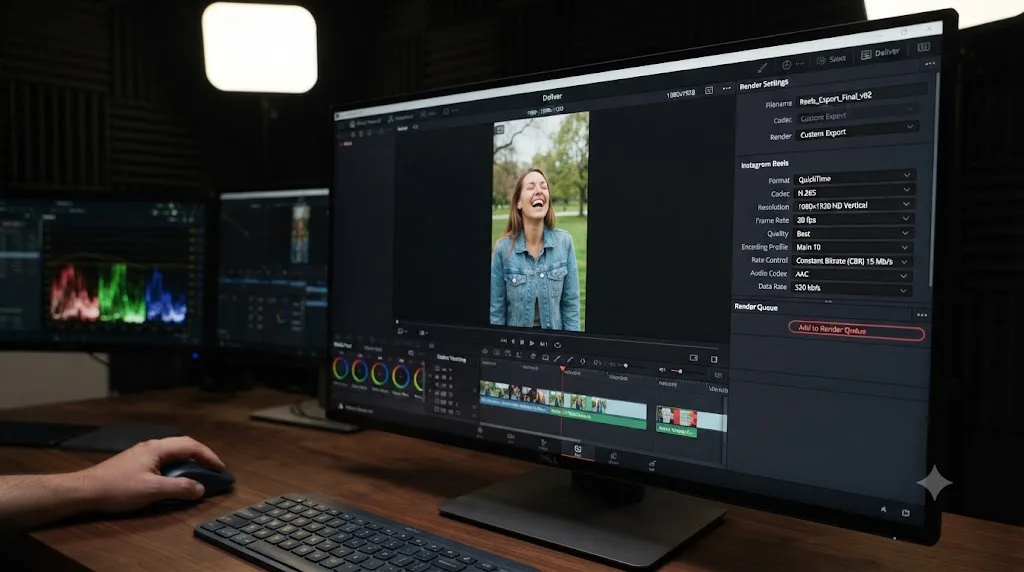Illustration of the DaVinci Resolve Deliver page configured for a vertical Instagram Reels export