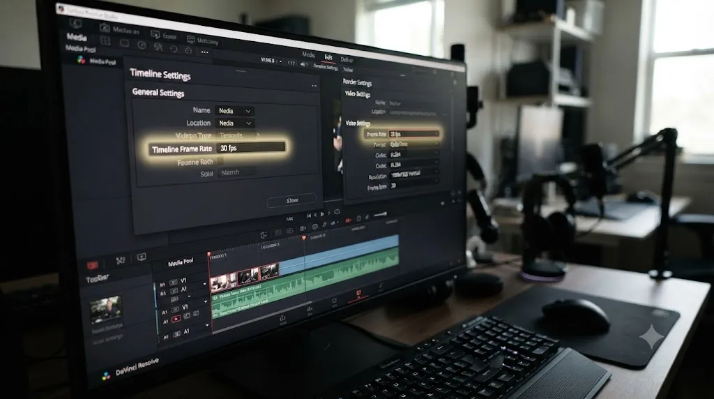 Illustration of matching frame rate settings between a DaVinci Resolve timeline and its render settings