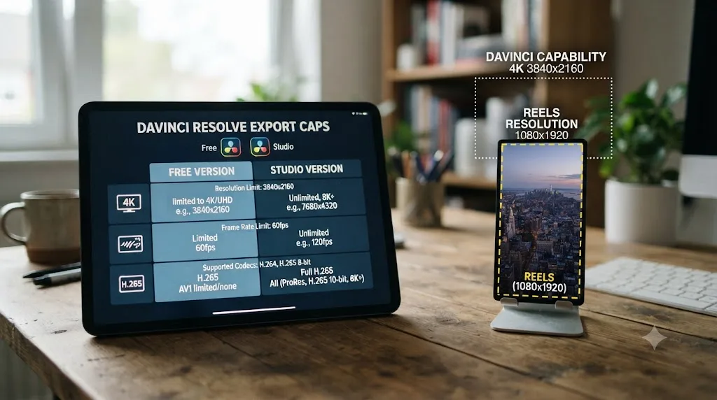 Illustration comparing DaVinci Resolve free and Studio export limits against Instagram Reels resolution requirements