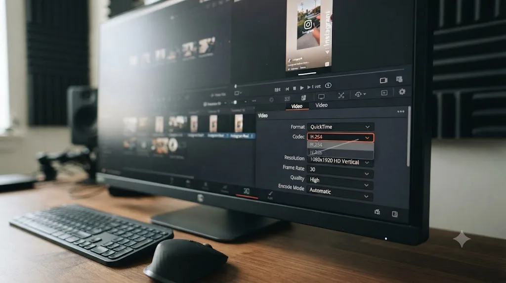 Illustration of the DaVinci Resolve Deliver page codec dropdown set to H.264 for an Instagram Reels export