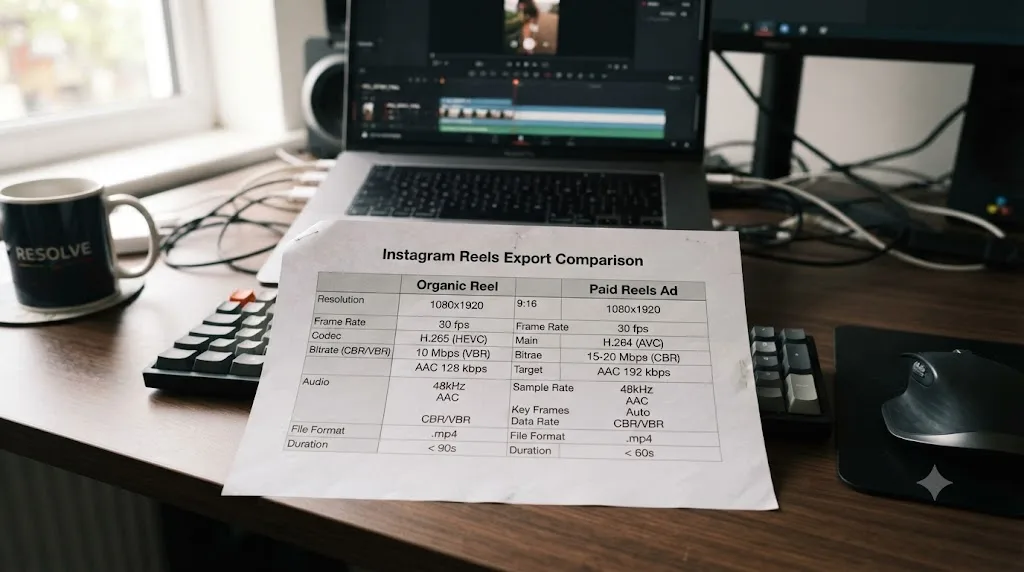 Illustration of a settings sheet comparing organic Instagram Reel and paid Reels ad export specifications
