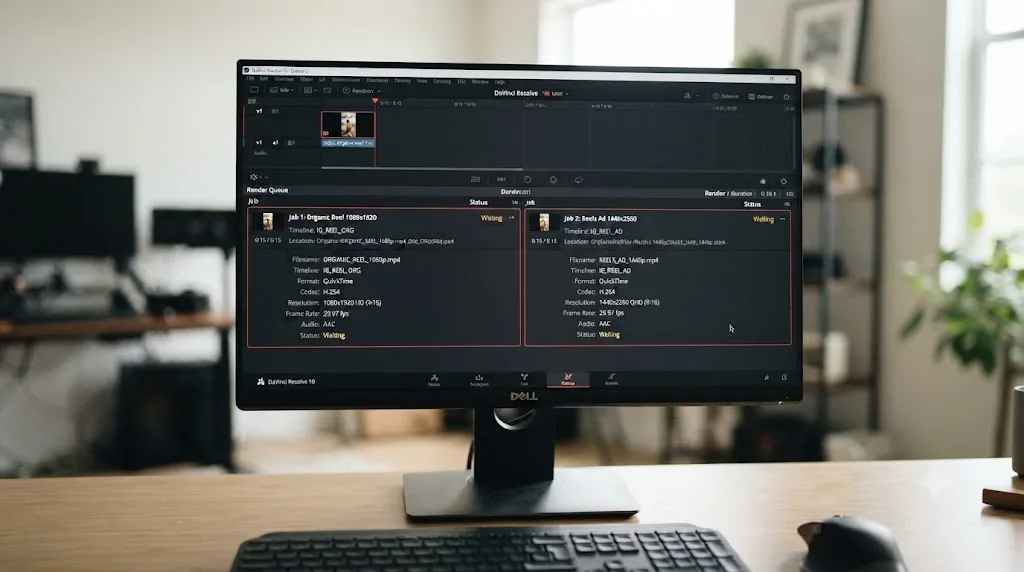 Illustration of two DaVinci Resolve render jobs configured for organic and paid Instagram Reels exports
