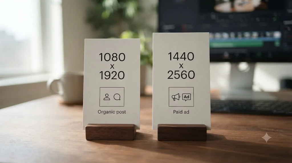 Illustration comparing 1080x1920 and 1440x2560 export resolutions for organic and paid Instagram Reels