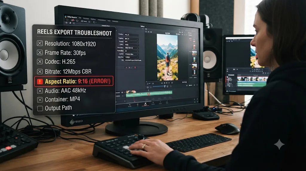 Illustration of a troubleshooting checklist overlaid on an Instagram Reels export in progress