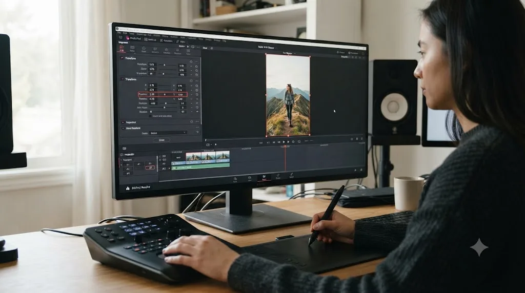 Illustration of a horizontal shot being reframed into a vertical timeline using DaVinci Resolve's Transform controls