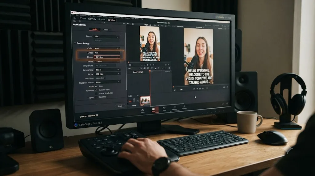 Illustration of the DaVinci Resolve audio export tab set to AAC with burned-in captions on a vertical frame