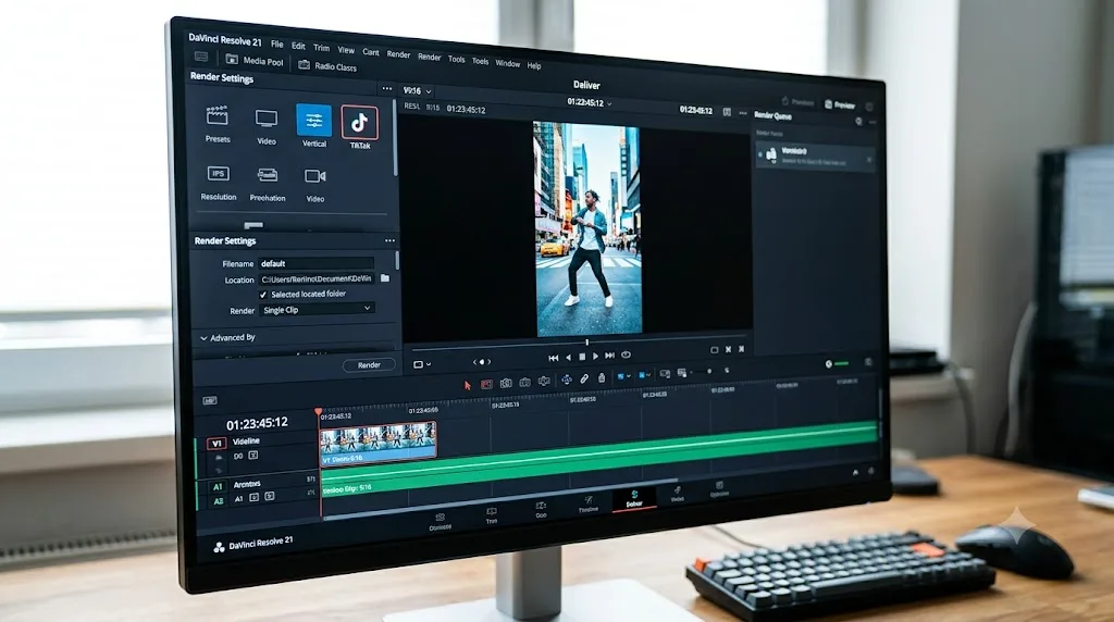 Illustration of the DaVinci Resolve Deliver page with the TikTok preset selected