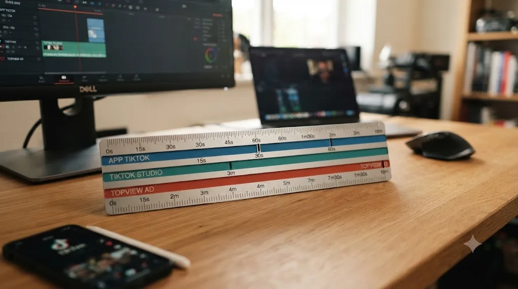 Illustration of a timeline ruler showing TikTok's duration limits across the app, Studio, and TopView ad format