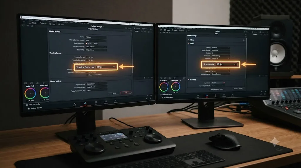 Illustration of matching frame rate settings between a DaVinci Resolve timeline and its render settings