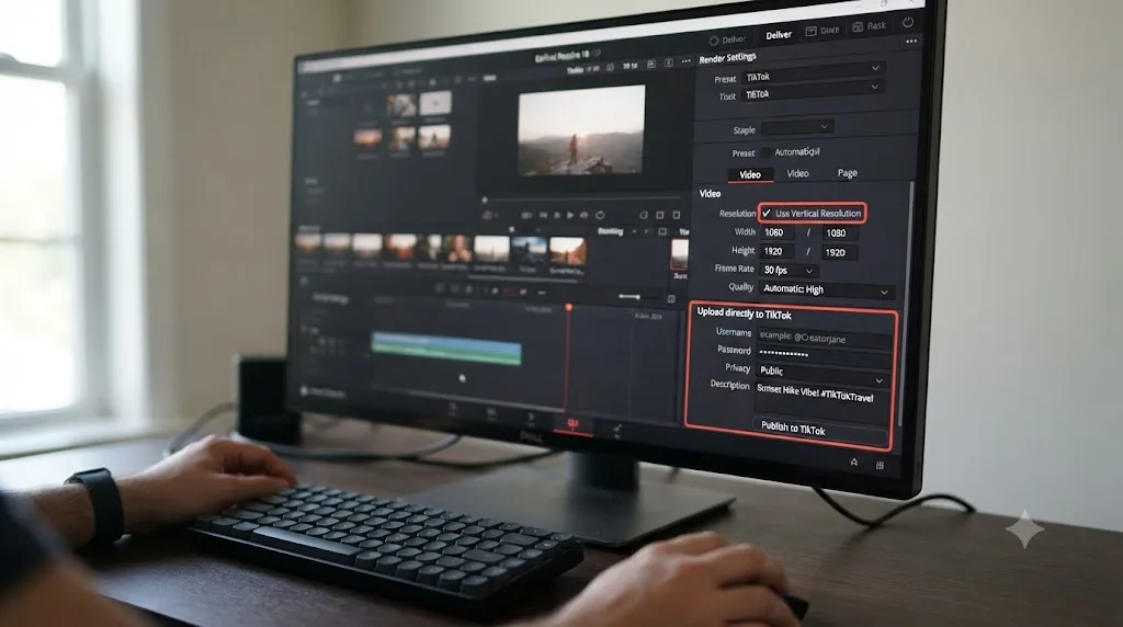 Illustration of the DaVinci Resolve TikTok preset panel with the Use Vertical Resolution checkbox highlighted