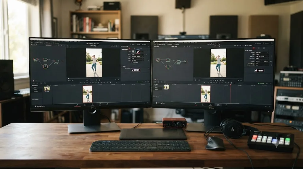 Illustration comparing the DaVinci Resolve TikTok preset workflow against a custom H.264 export workflow