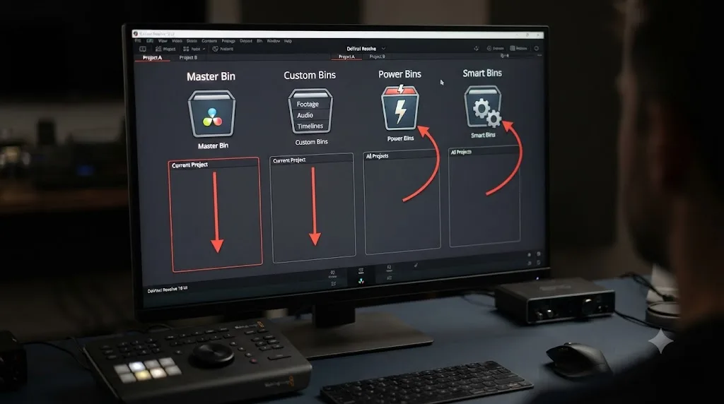 Illustration comparing Master bins, custom bins, Power Bins, and Smart Bins in DaVinci Resolve