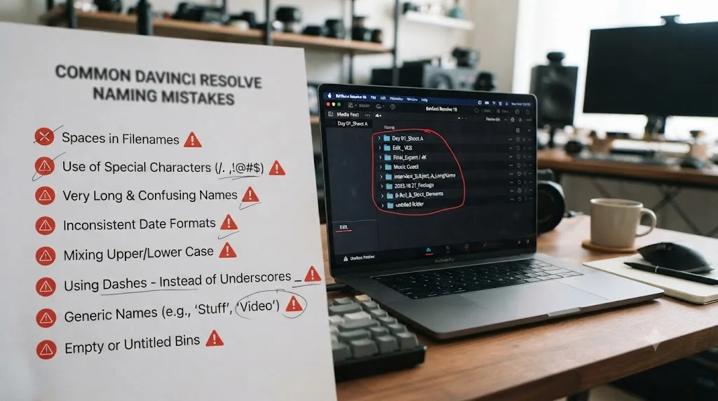 Illustration of a checklist showing common DaVinci Resolve folder and bin naming mistakes