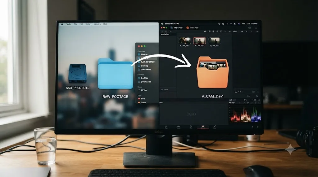 Illustration comparing a file system folder to a DaVinci Resolve Media Pool bin