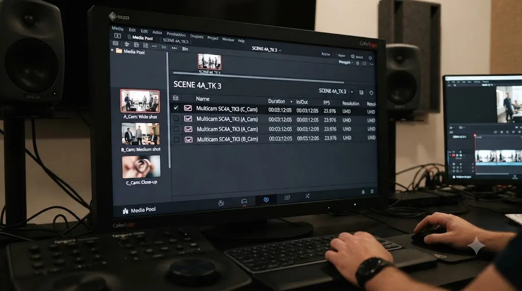 Illustration of a DaVinci Resolve multicam scene bin with clips from multiple cameras sharing the same scene and take number