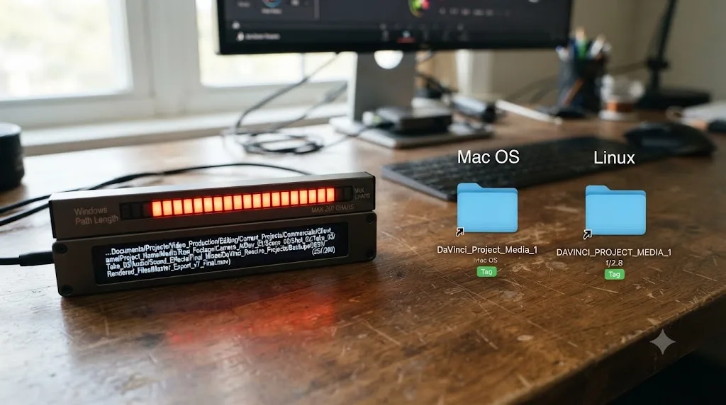 Illustration comparing Windows path length limits to case sensitivity differences between Mac and Linux file systems