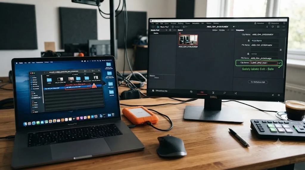 Illustration comparing a risky file rename on disk to a safe Clip Name edit inside DaVinci Resolve