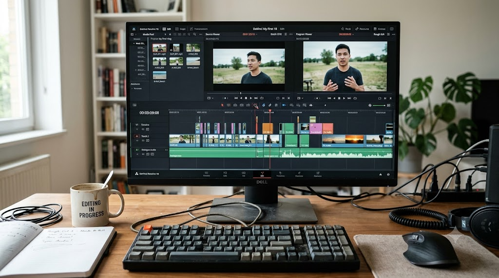 Illustration of a beginner's first rough cut timeline in the DaVinci Resolve Edit page