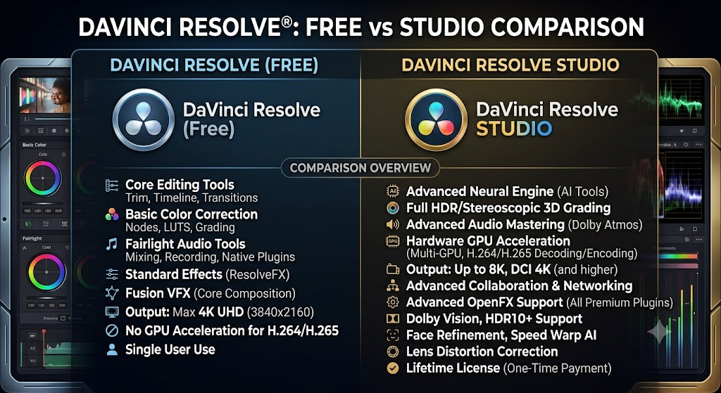 Illustration comparing the DaVinci Resolve free version and the Studio version